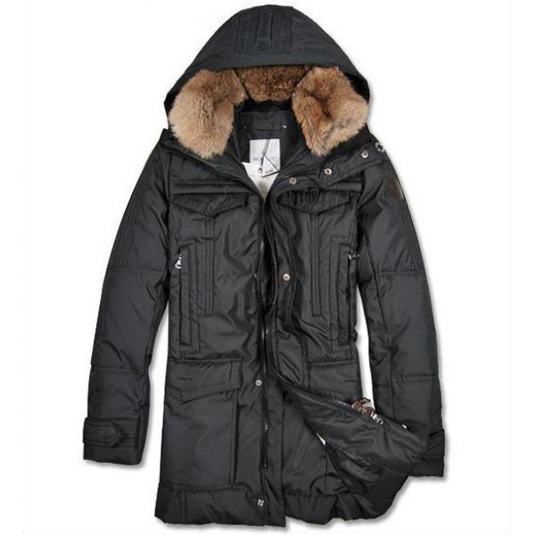 Moncler Nero Mid-lungo Fur Collar semplici Uomo Cappotti uscita